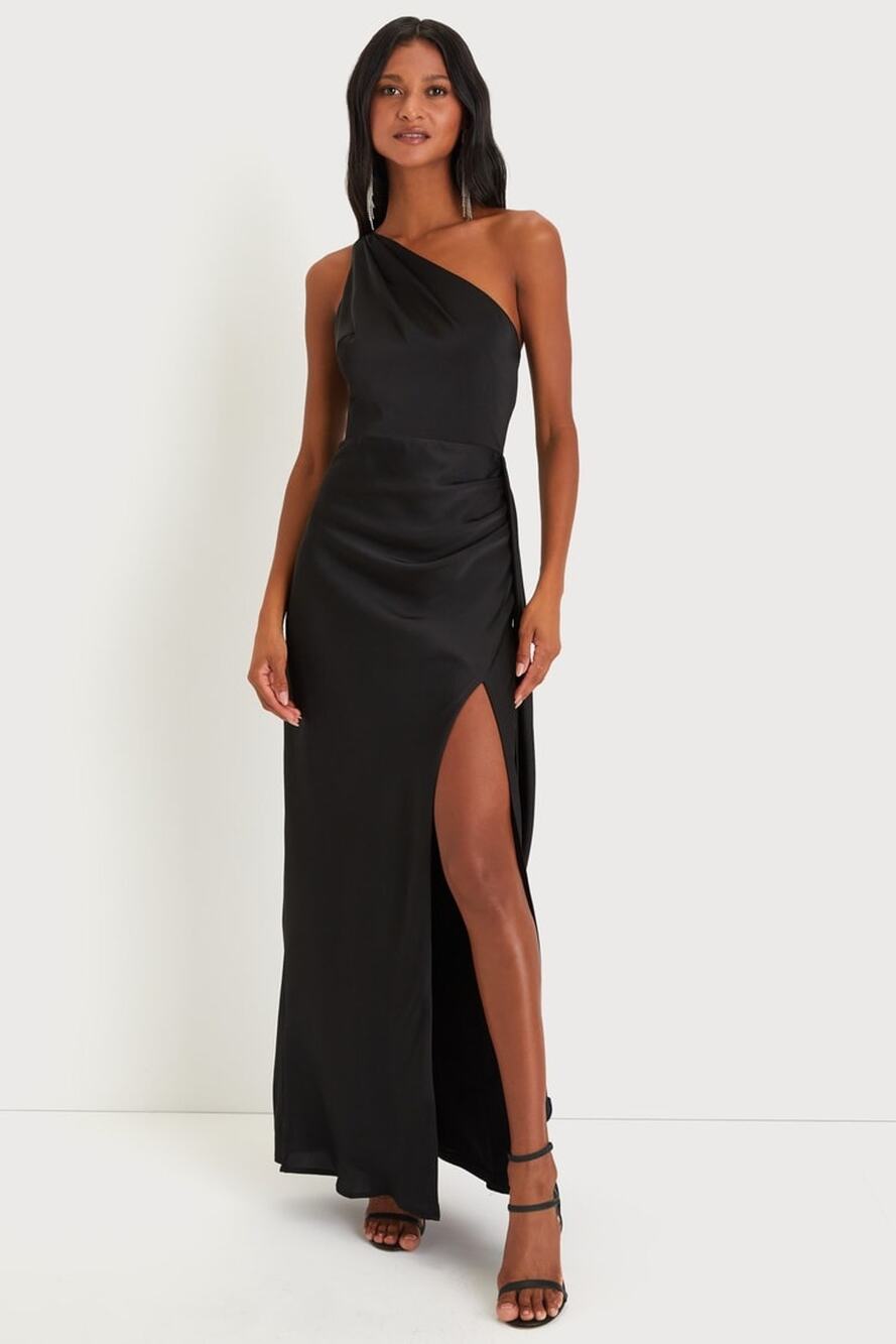 Lulus Signature Elegance Black Satin One-Shoulder Maxi Dress Gala Holiday Small